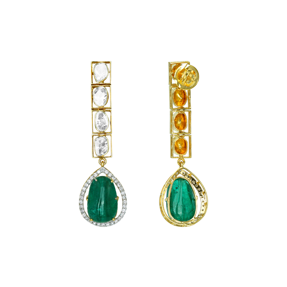 Vertical Polki Earrings with Emerald Drop Highlight